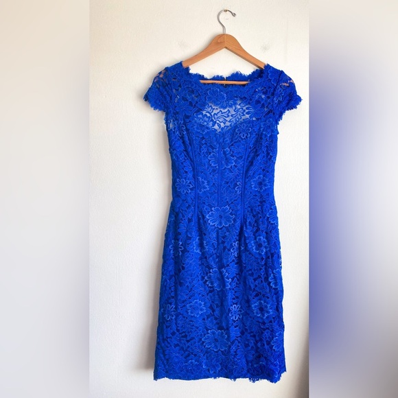 Monique Lhuillier Royal Blue Floral Lace Never Let You Go Sheath Dress Formal 4 - Picture 5 of 10